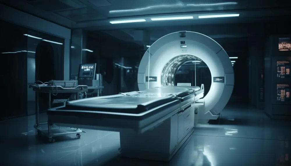 Equipo de rayos X en una sala de radiología moderna con pantalla de diagnóstico.”